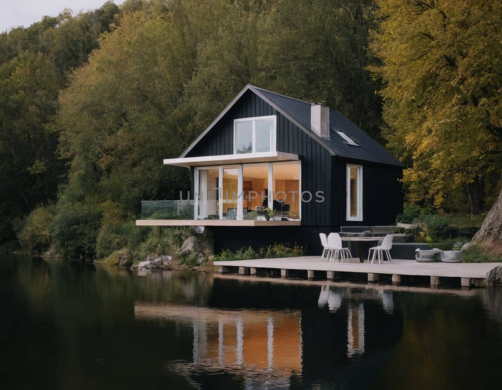 Modern house on the river bank. AI generation