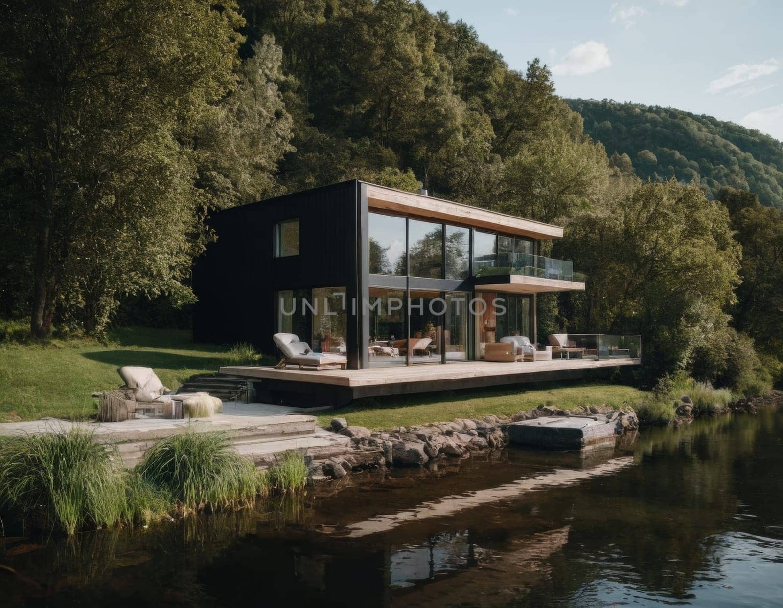 Modern house on the river bank. AI generation