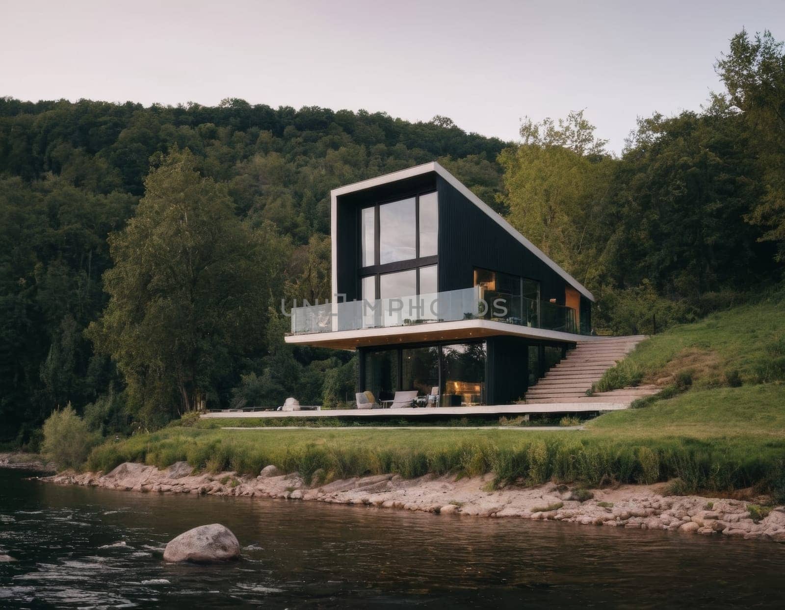 Modern house on the river bank. AI generation