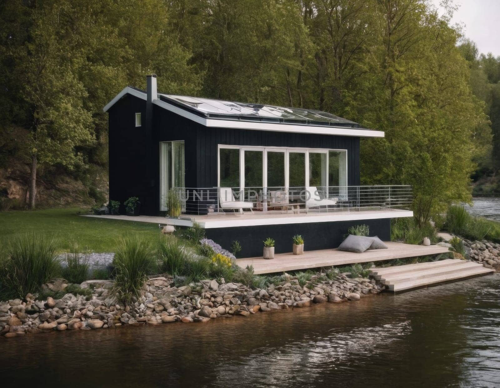 Modern house on the river bank. AI generation