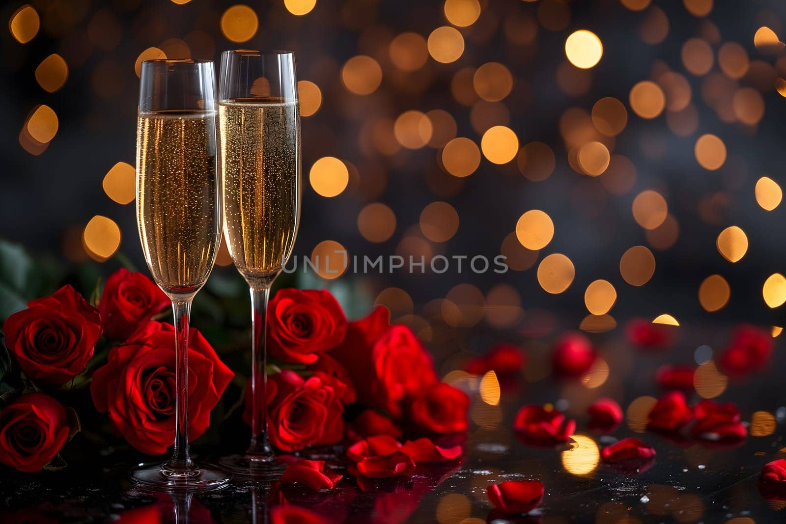 two glasses with sparkling wine or champagne and red roses on table with bokeh lights in the background for generic celebration concept. Neural network generated image. Not based on any actual or scene.