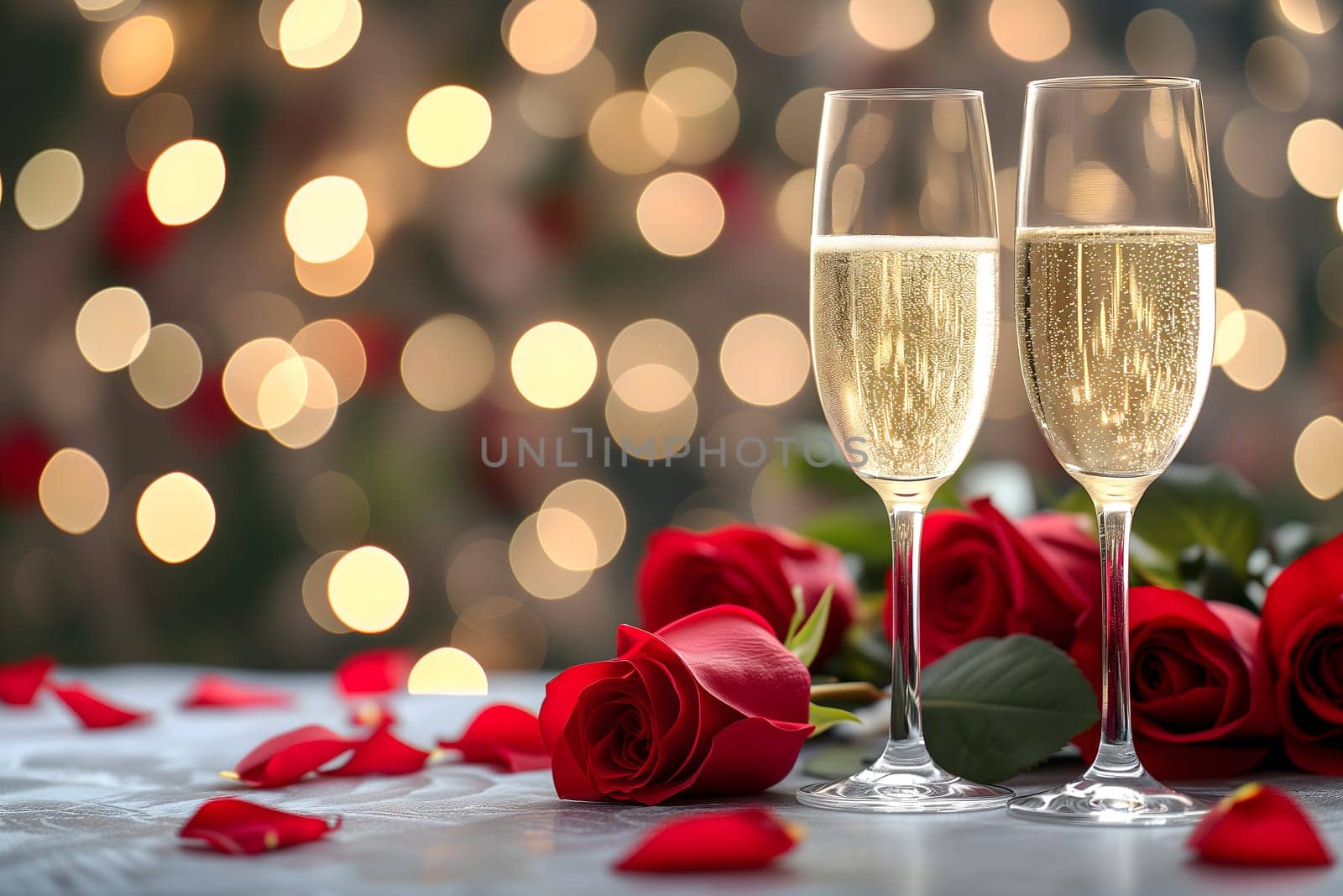 two glasses with sparkling wine or champagne and red roses on table with bokeh lights in the background for generic celebration concept. Neural network generated image. Not based on any actual or scene.