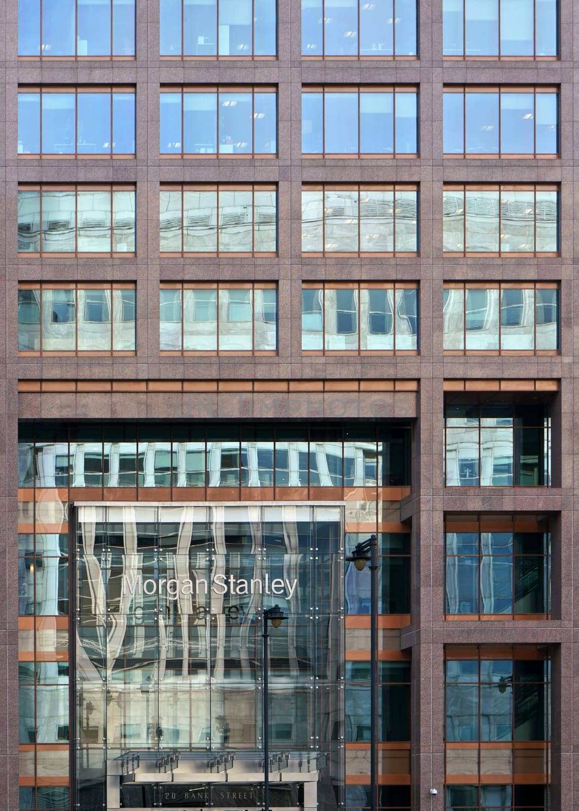 London, United Kingdom - February 03, 2019: Morgan Stanley logo at their UK branch offices on Canary Wharf. MS is american investment bank and financial services company founded in 1935