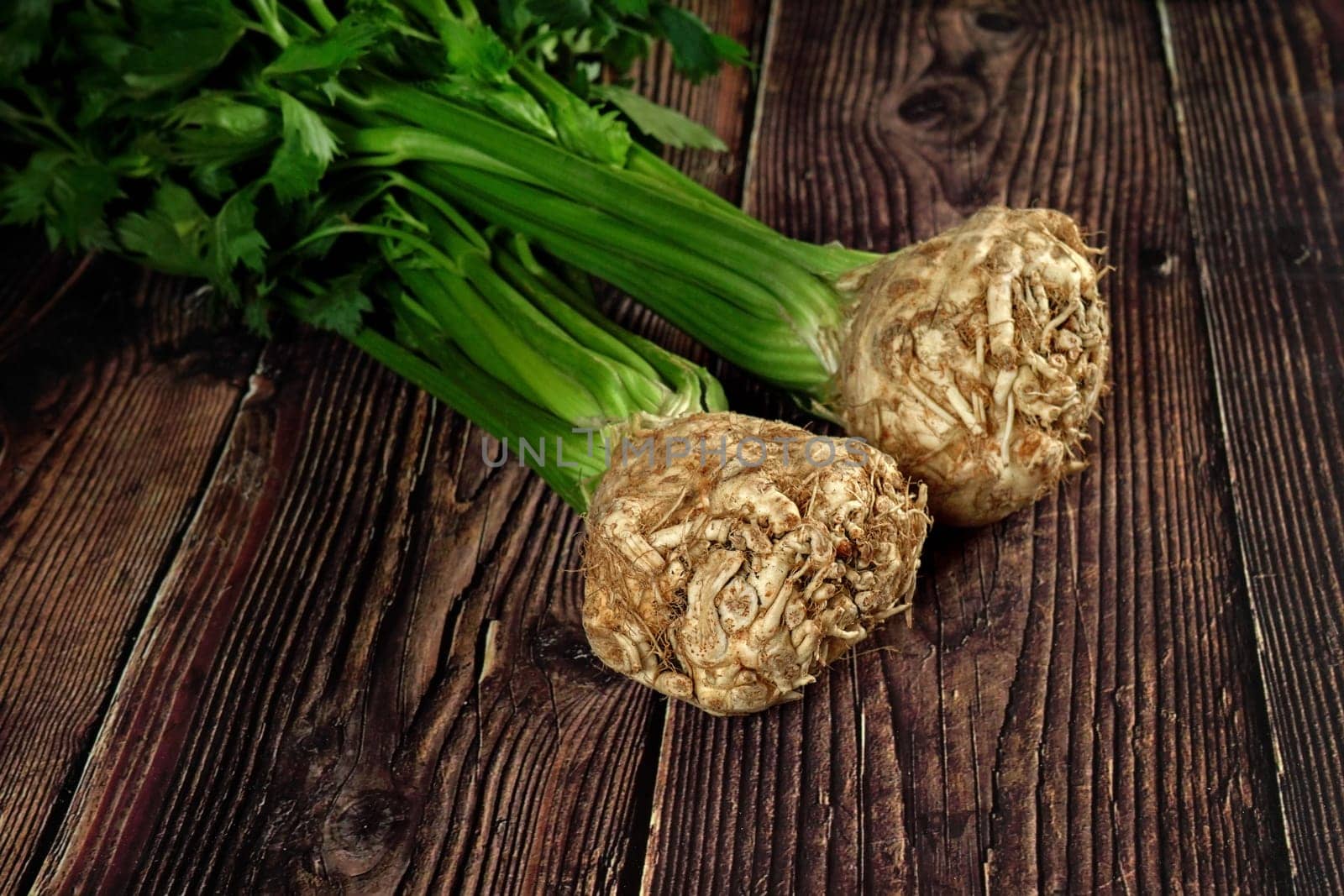 Celeriac root bulbs with green leaves on dark wooden rustic board