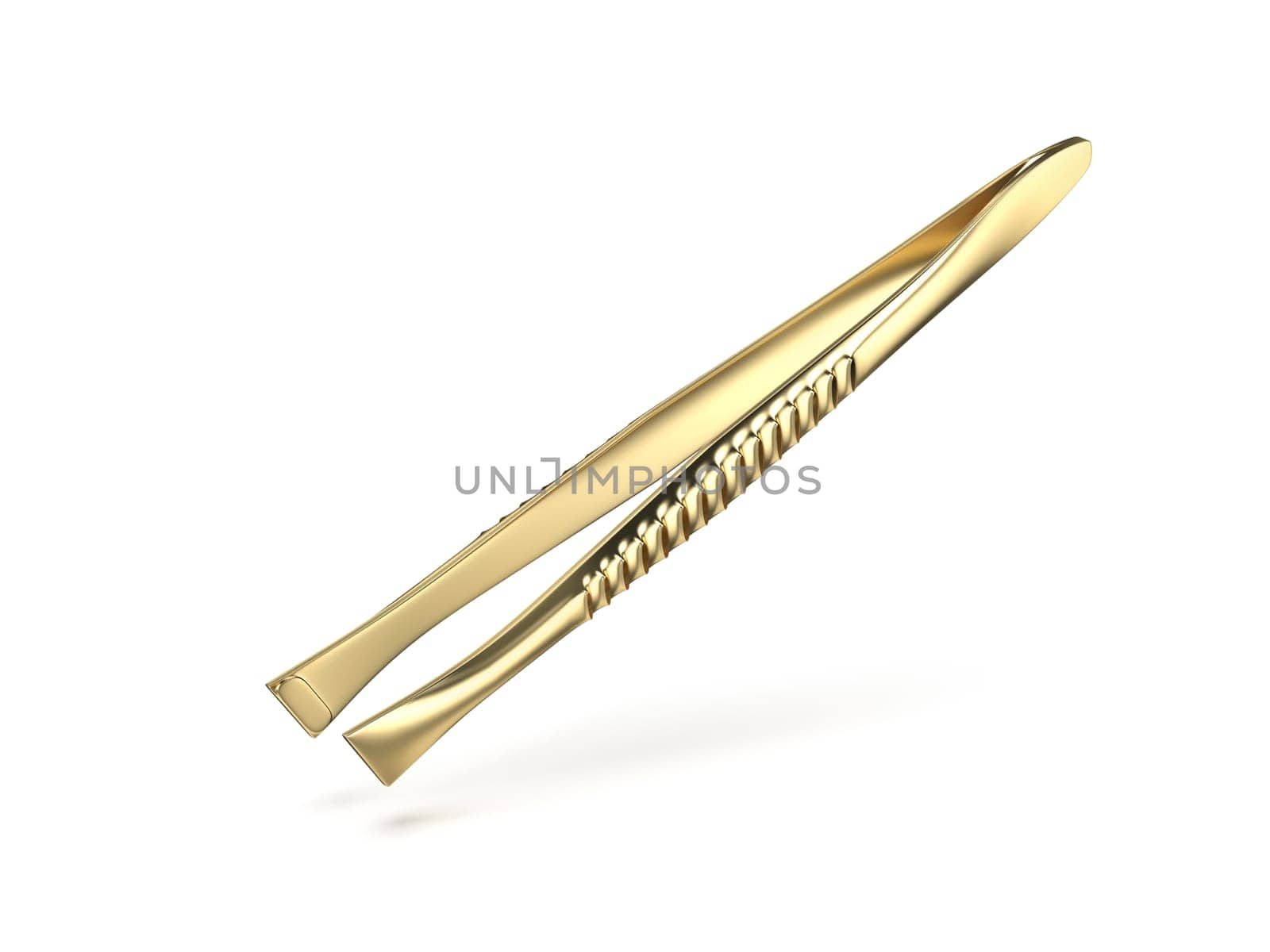 Golden eyebrow tweezers on white background