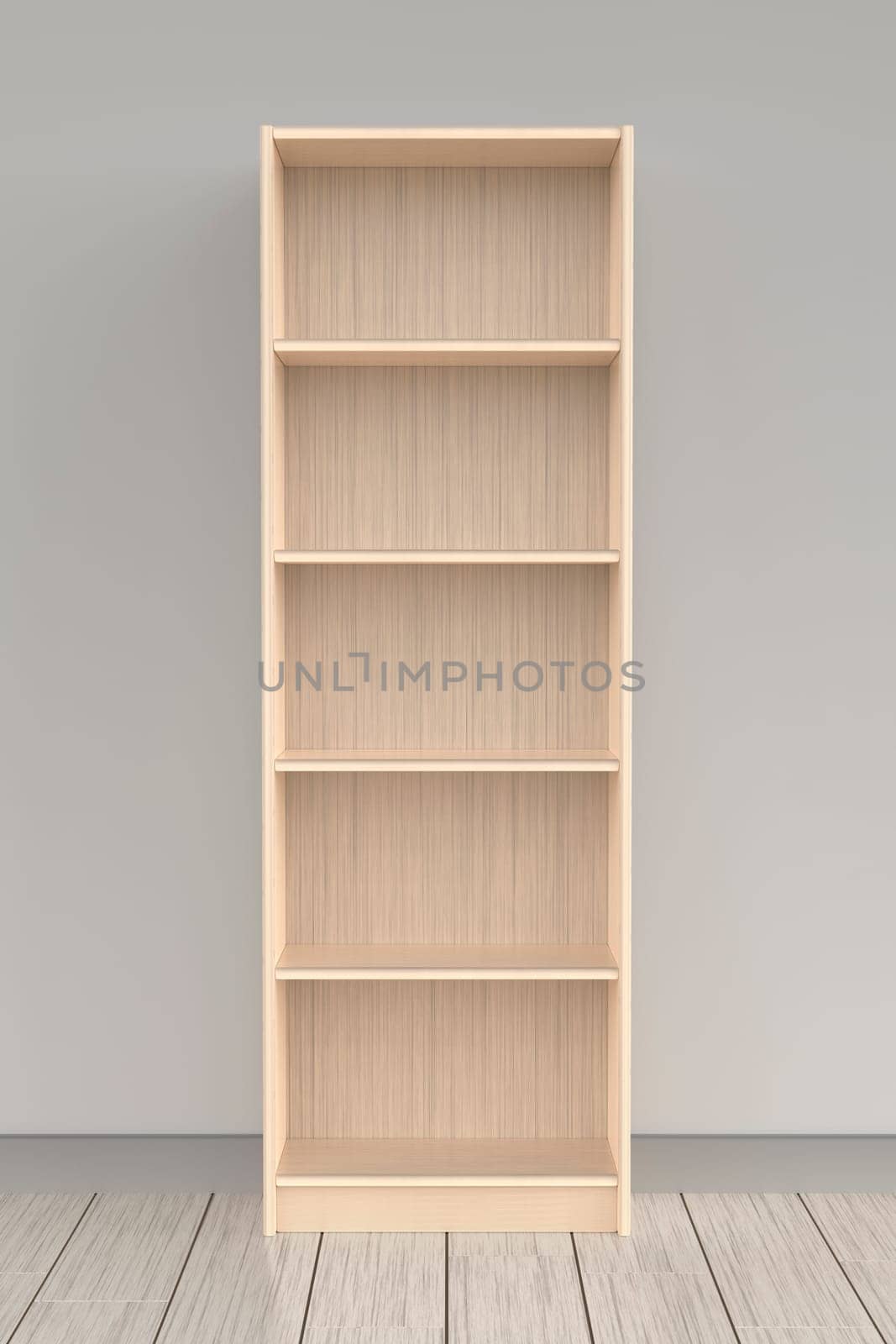 Empty wooden bookcase in the room, front view