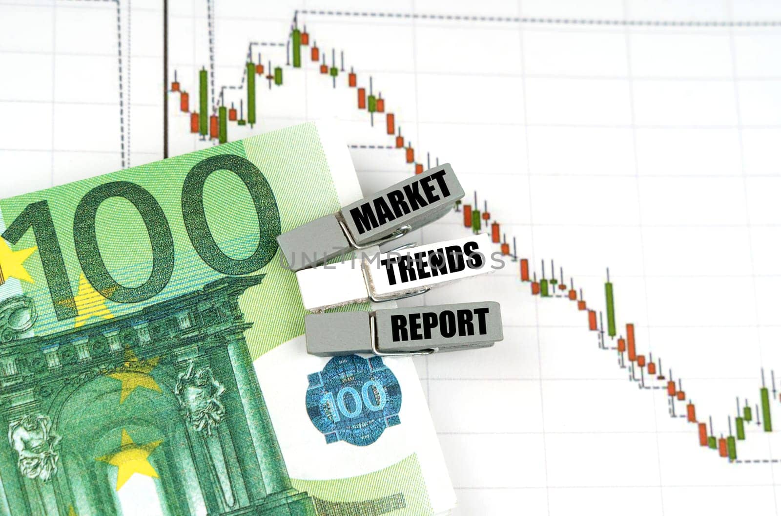 Business concept. On the quote chart there are euros and clothespins with the inscription - Market Trends Report