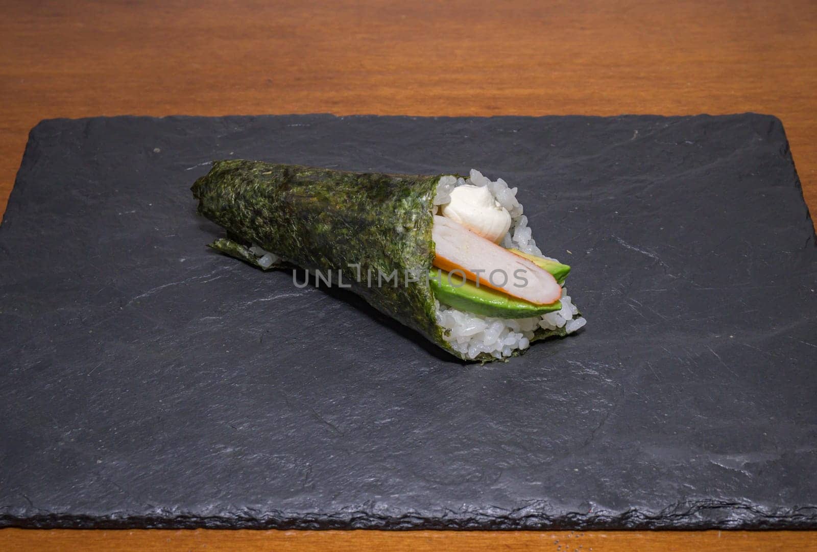 Japanese Food - Seafood Temake on a slate plate,
