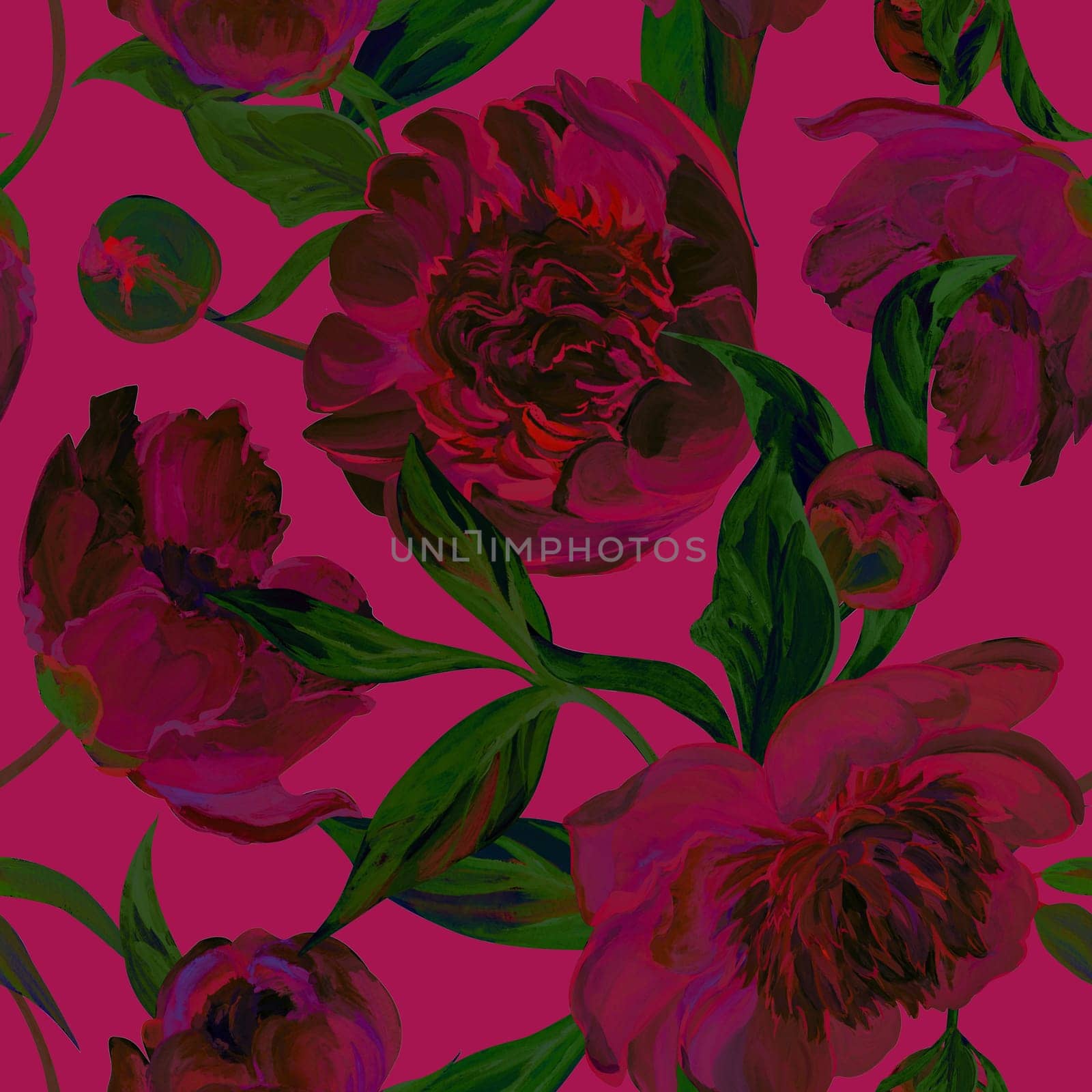 Seamless spring pattern drawn in gouache with pink peonies by MarinaVoyush