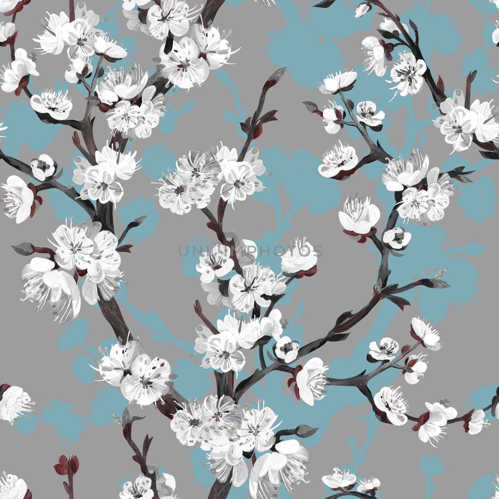 Seamless black and white pattern with sakura cherry branch drawn in gouache textiles