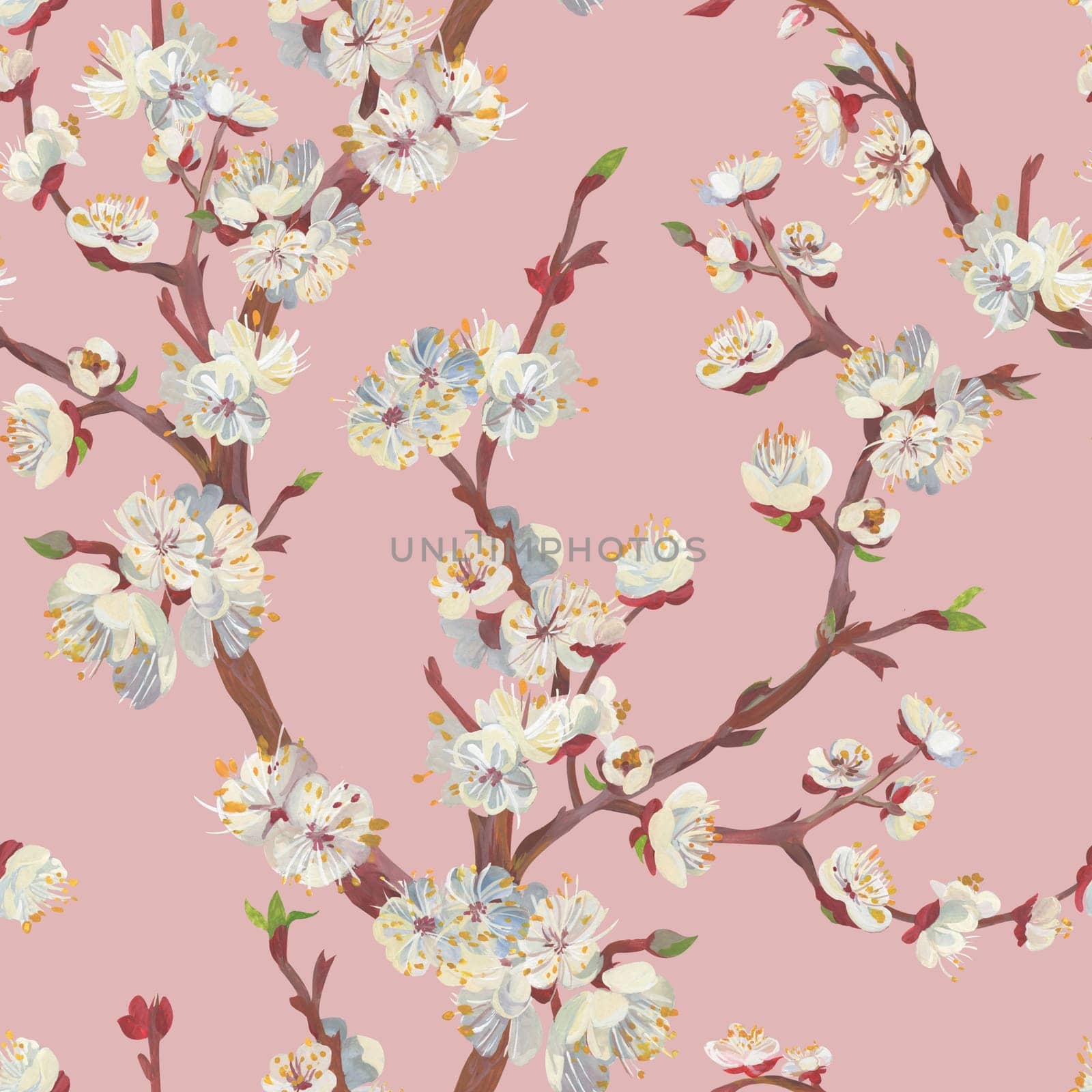 Botanical seamless pattern with sakura cherry branch drawn in gouache by MarinaVoyush