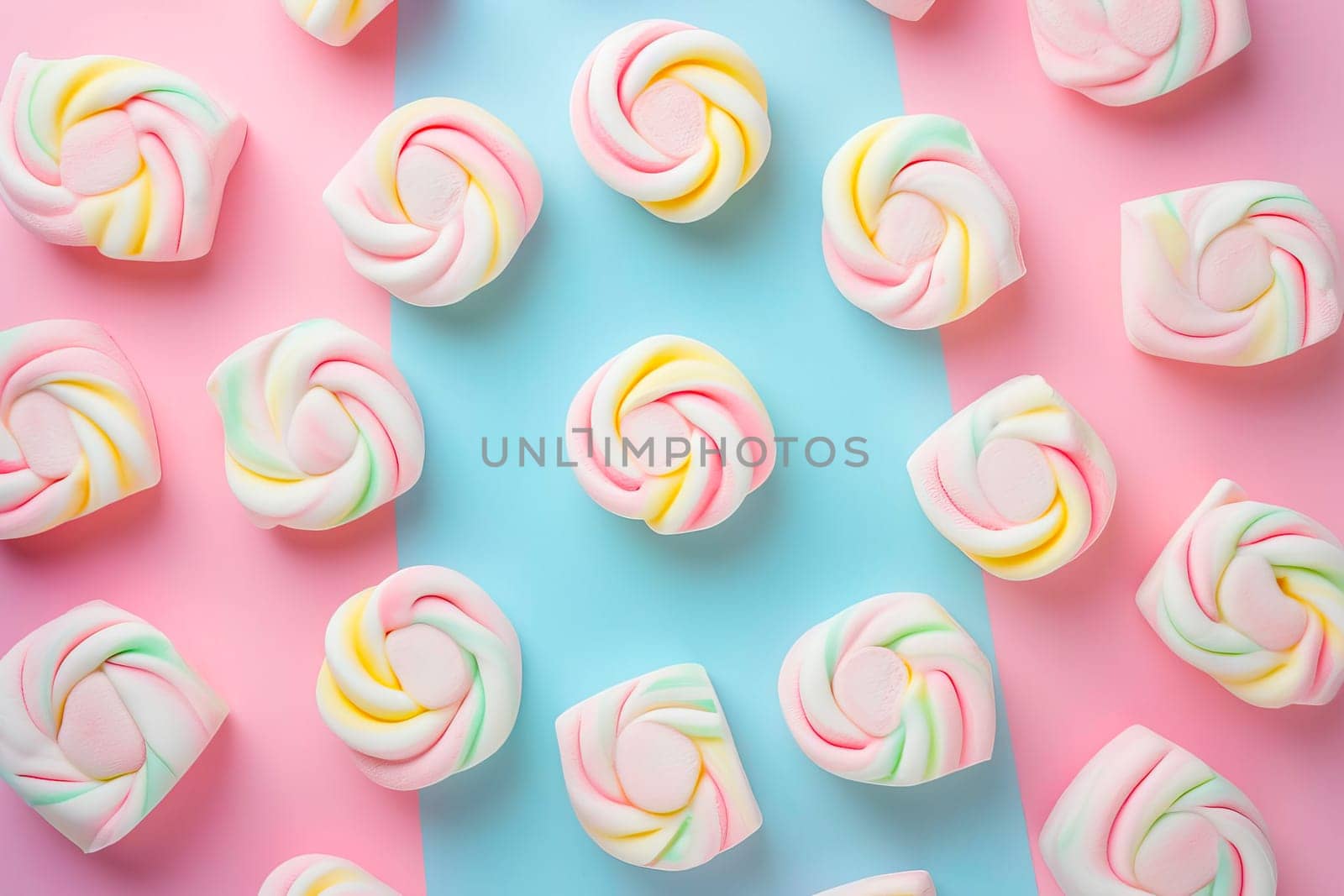 A group of colorful lollipops resting on a blue and pink surface, creating a vibrant and playful scene.