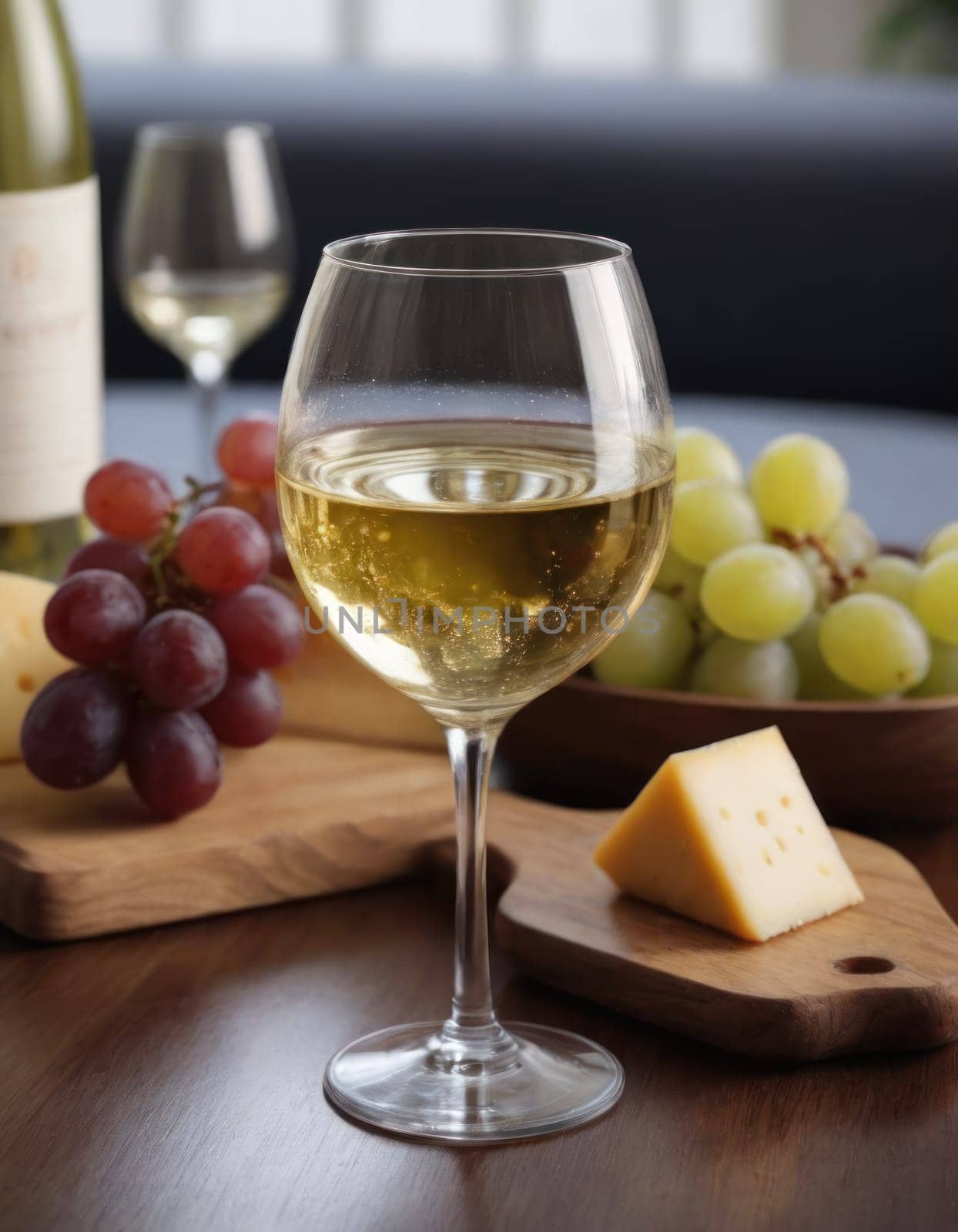 Cozy wine tasting setting glass of white wine, cheese, and grapes. A warm and inviting atmosphere for a relaxed evening or wine tasting. by Matiunina