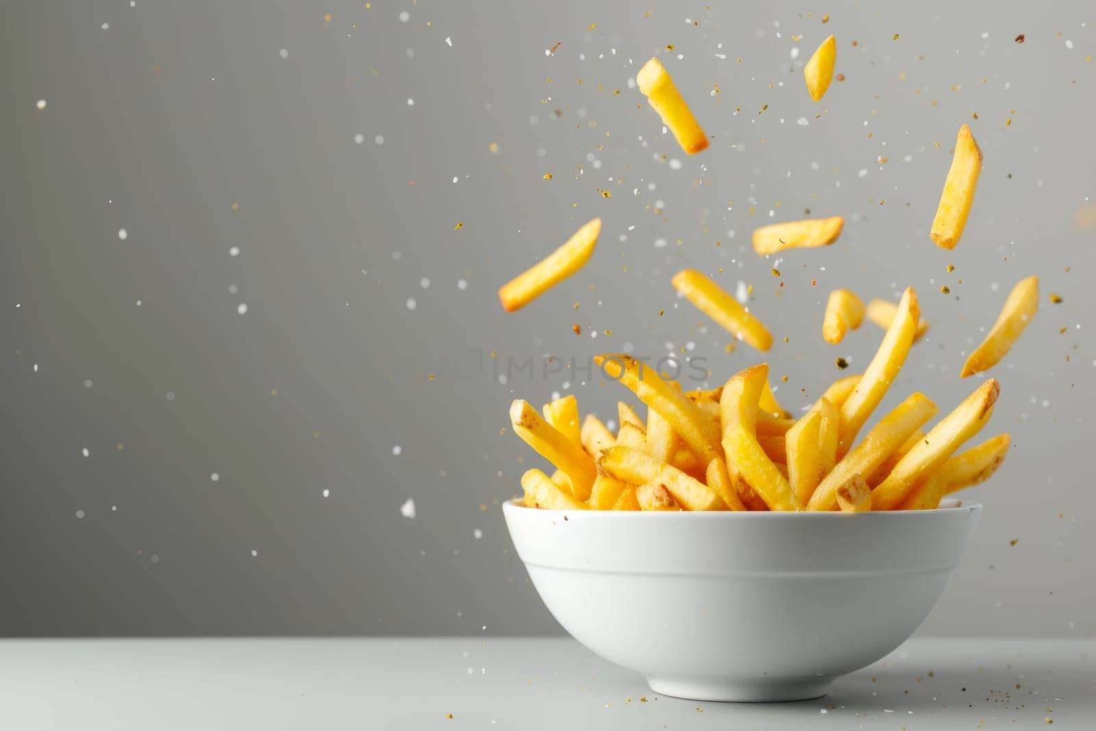 A white bowl filled with golden french fries placed on top of a wooden table.