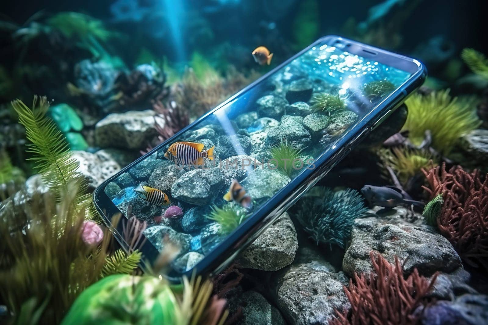 Smartphone underwater with photos of exotic fish on the screen. Generated by artificial intelligence by Vovmar