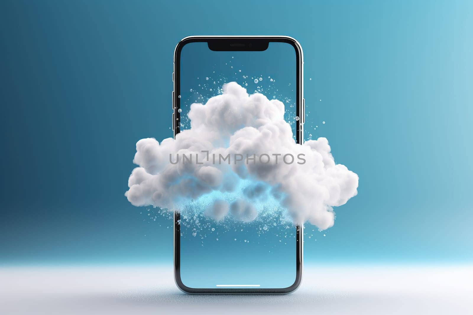 Realistic image of clouds on a smartphone screen. The concept of high-quality photographs on a smartphone. Generated by artificial intelligence by Vovmar