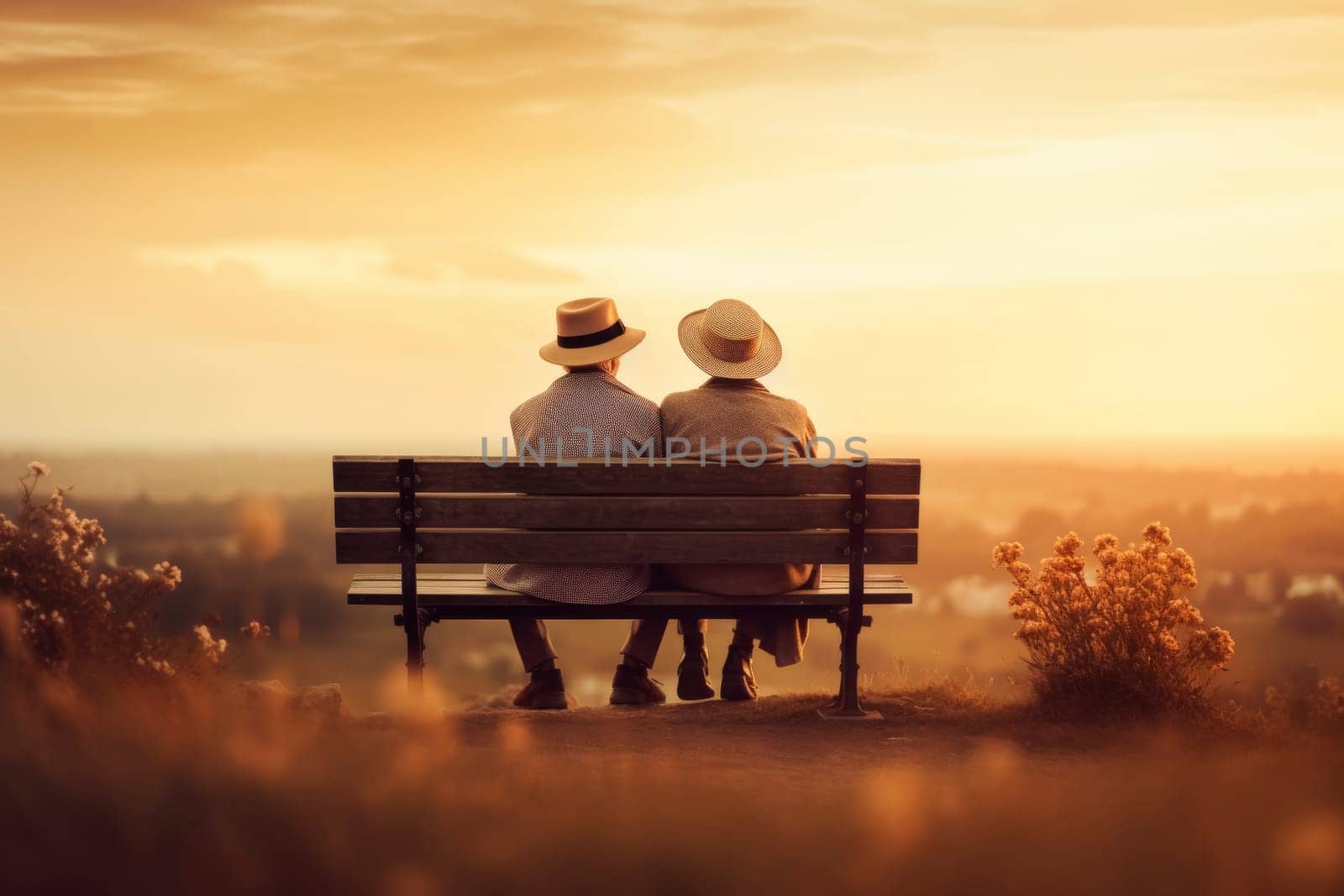 An intimate moment of an elderly couple enjoying a serene sunset together, sitting on a park bench, symbolizing lasting love and companionship.