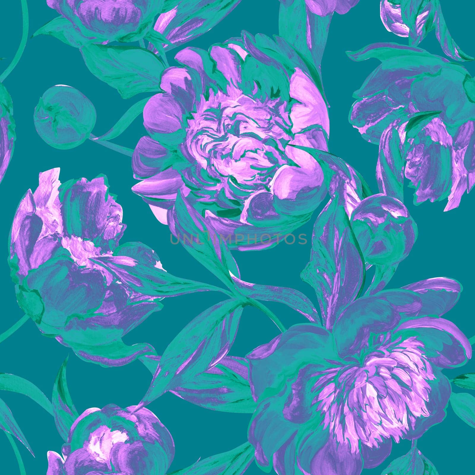 Seamless spring pattern drawn in gouache with pink peonies for trxtile