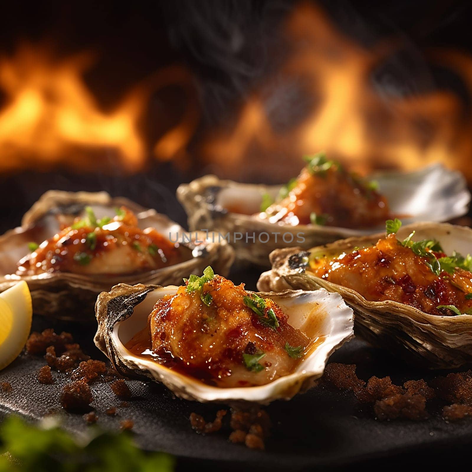 Grilled oysters topped with sauce and herbs, served with lemon, fiery background.