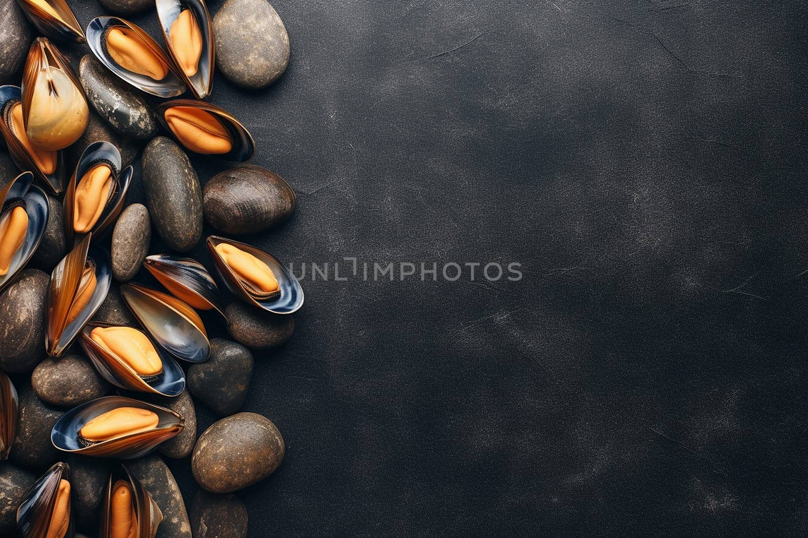 Mussels surrounded by smooth stones against a dark textured background.