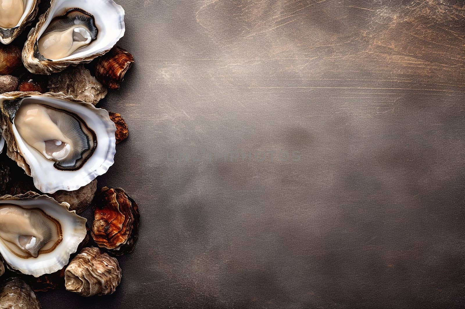 Fresh oysters on an old rustic metallic background, top view.