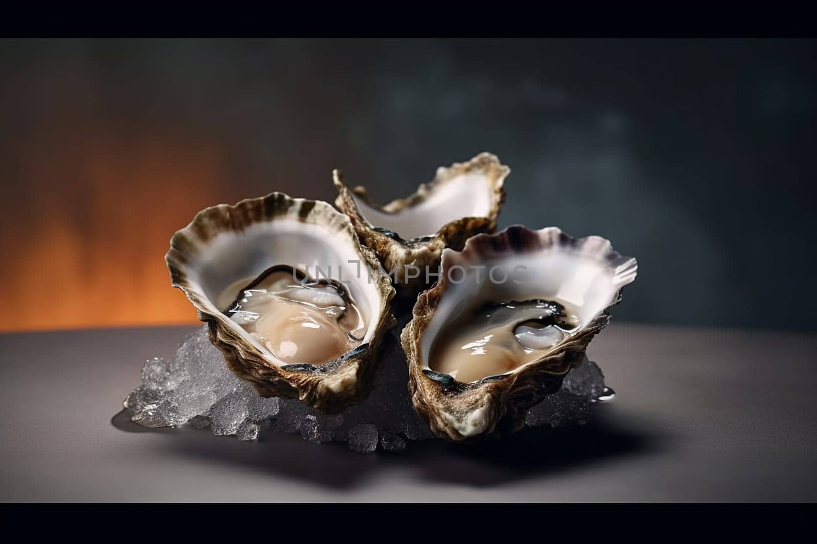 Fresh oysters on crushed ice with a warm backdrop.