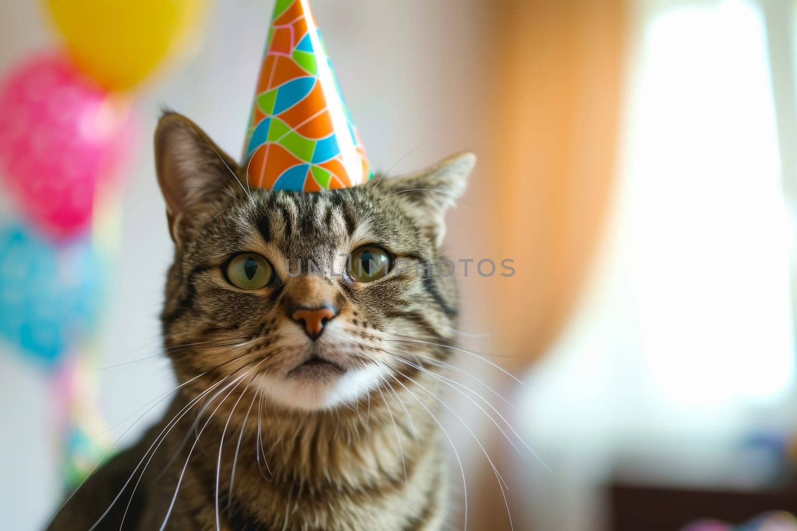 A cat wearing a party hat with colorful balloons in the background, creating a festive atmosphere.