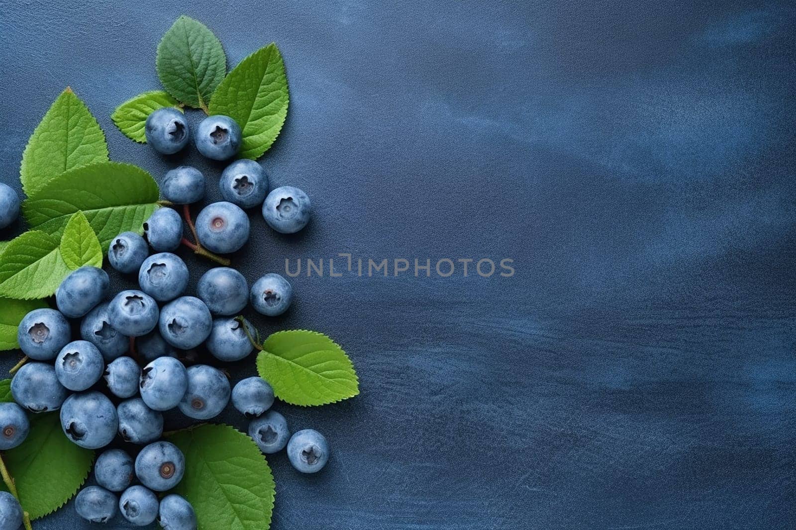 Fresh blueberries with leaves on a blue textured background.
