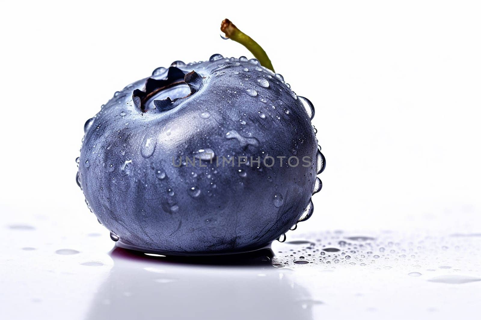 Close-up of a fresh, dew-covered blueberry on a white background.