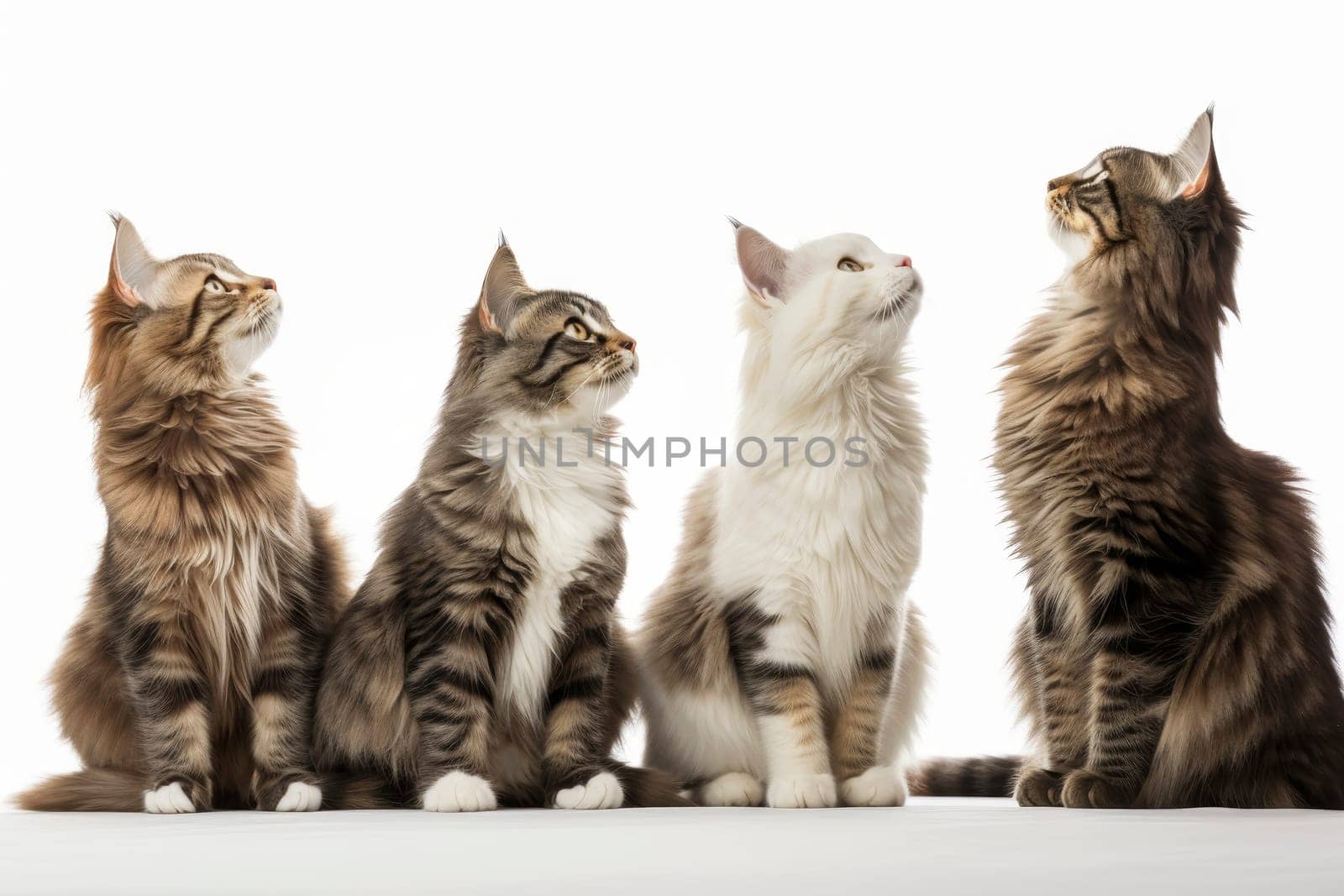 A quartet of Maine Coon cats sit attentively, with a white background highlighting their stunning features and fur patterns.