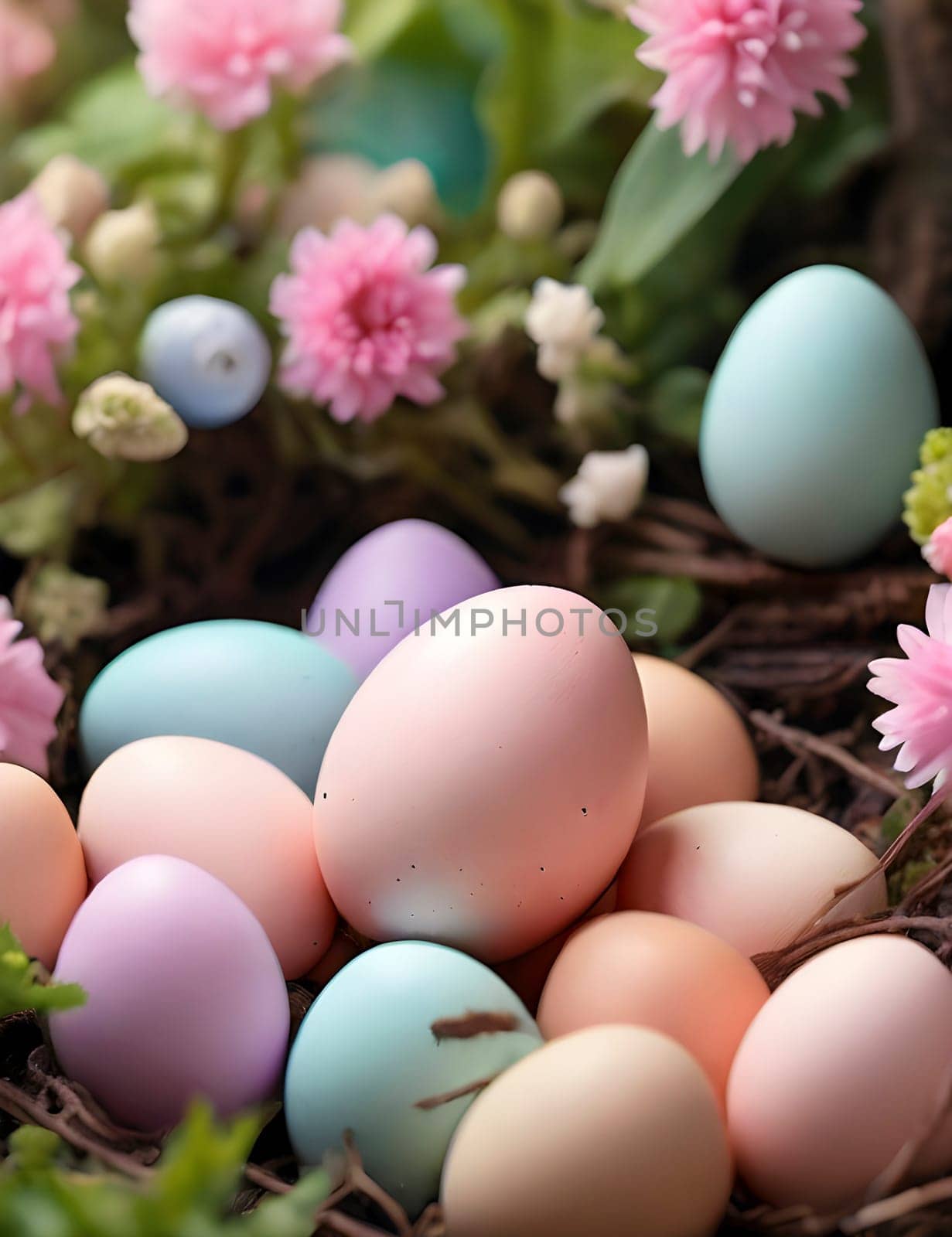 A vibrant Easter egg hunt in a lush, blooming garden with pastel-colored eggs hidden among the flowers.