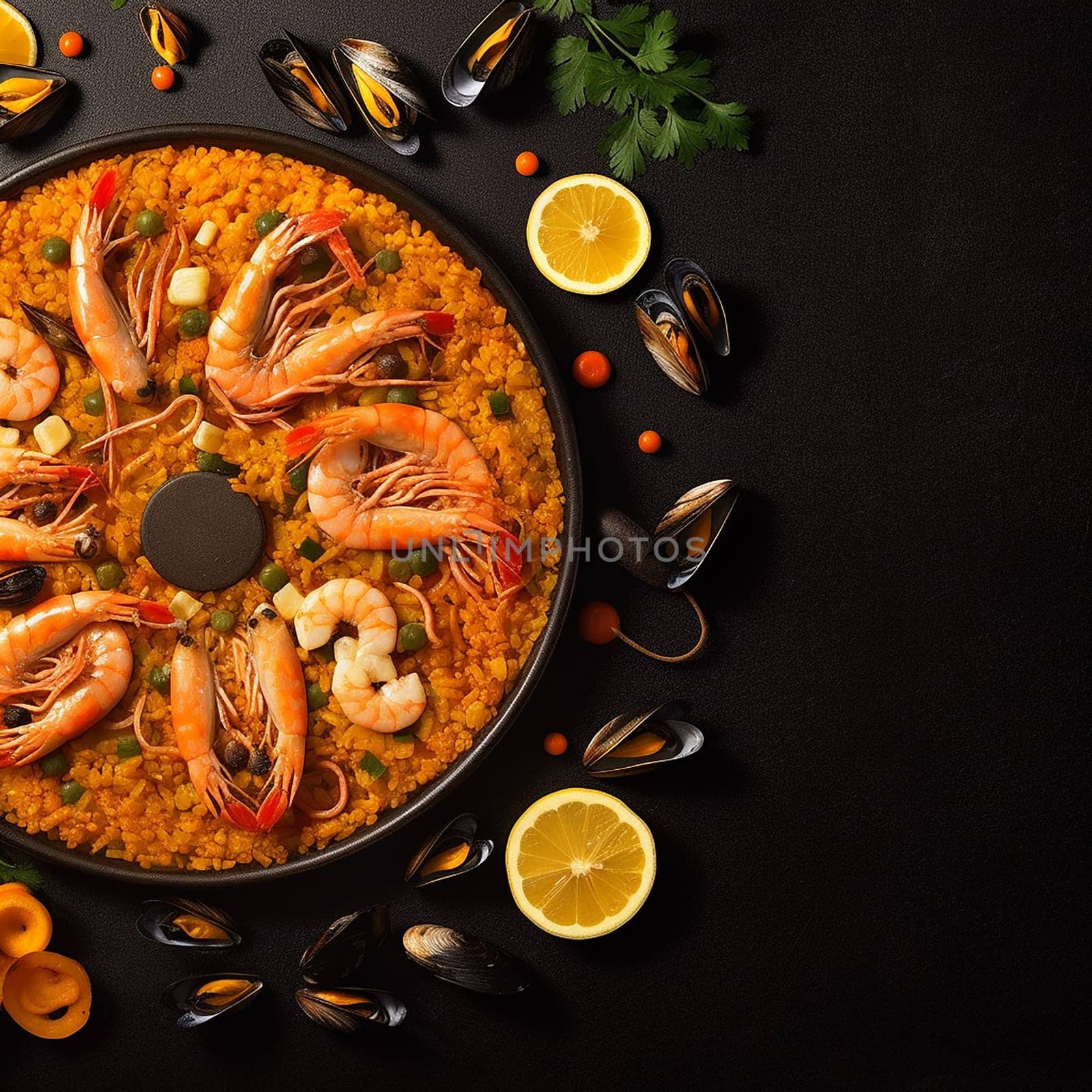 Traditional Spanish seafood paella with prawns, shrimps, mussels, and lemon on a dark background.