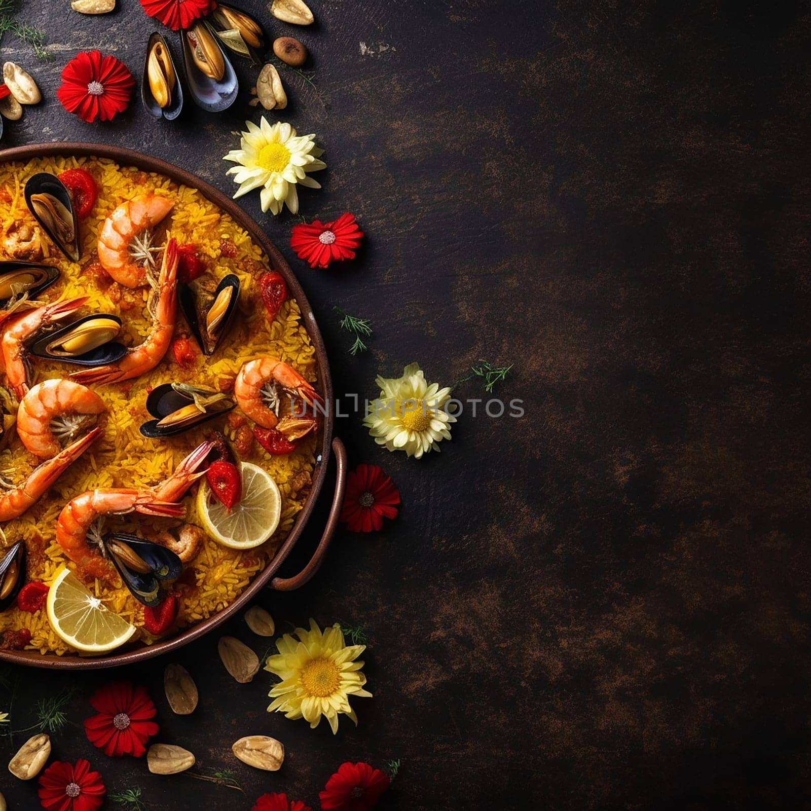 A traditional seafood paella with shrimp, mussels and lemon wedges on a rustic table, garnished with various flowers.