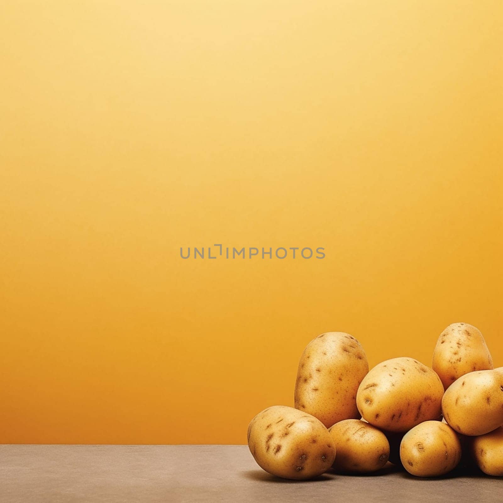 A pile of fresh potatoes against a plain yellow background.