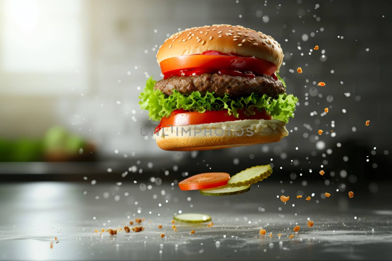 A massive hamburger with fresh lettuce and juicy tomatoes is seen soaring through the air in this action-packed image.