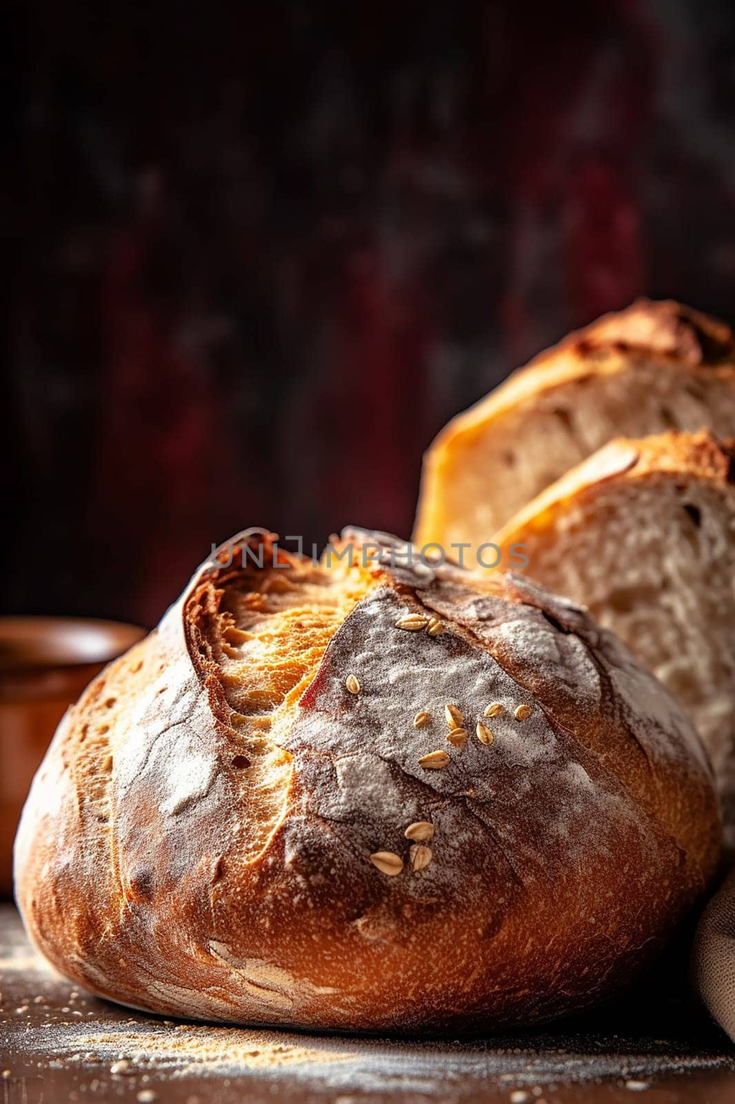 Freshly baked bread with a crisp crust, sprinkled with seeds.