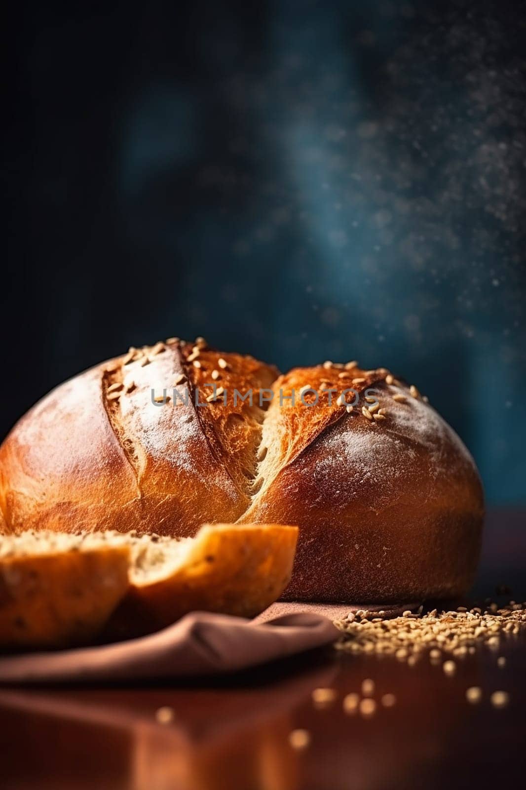 Freshly baked bread with sesame seeds on top, sliced piece on side.