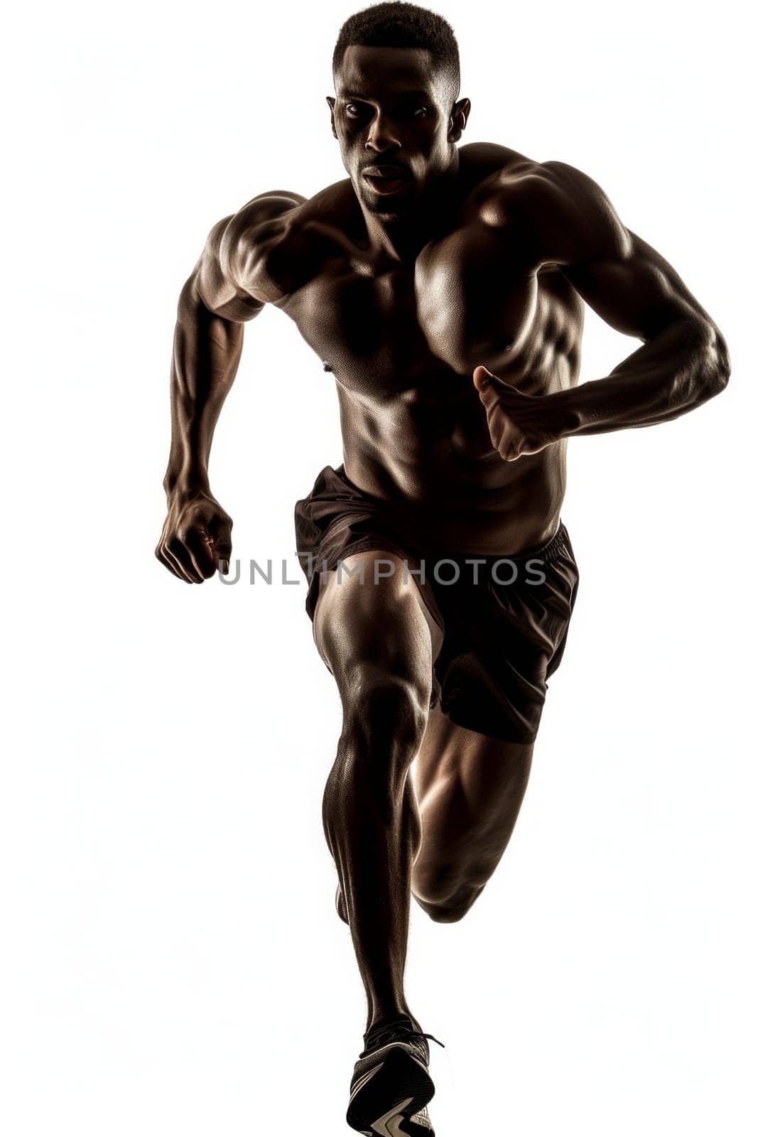 front view of athlete running isolated on white background.