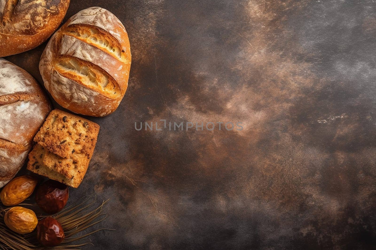 Assorted freshly baked bread varieties on rustic background.