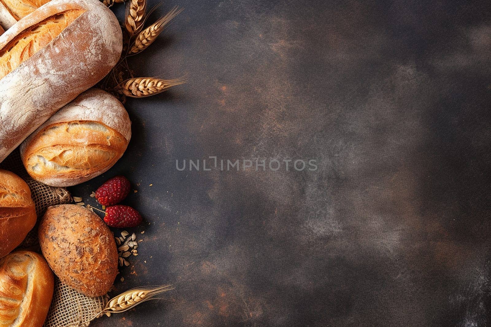 Assortment of fresh bread and wheat on dark background.