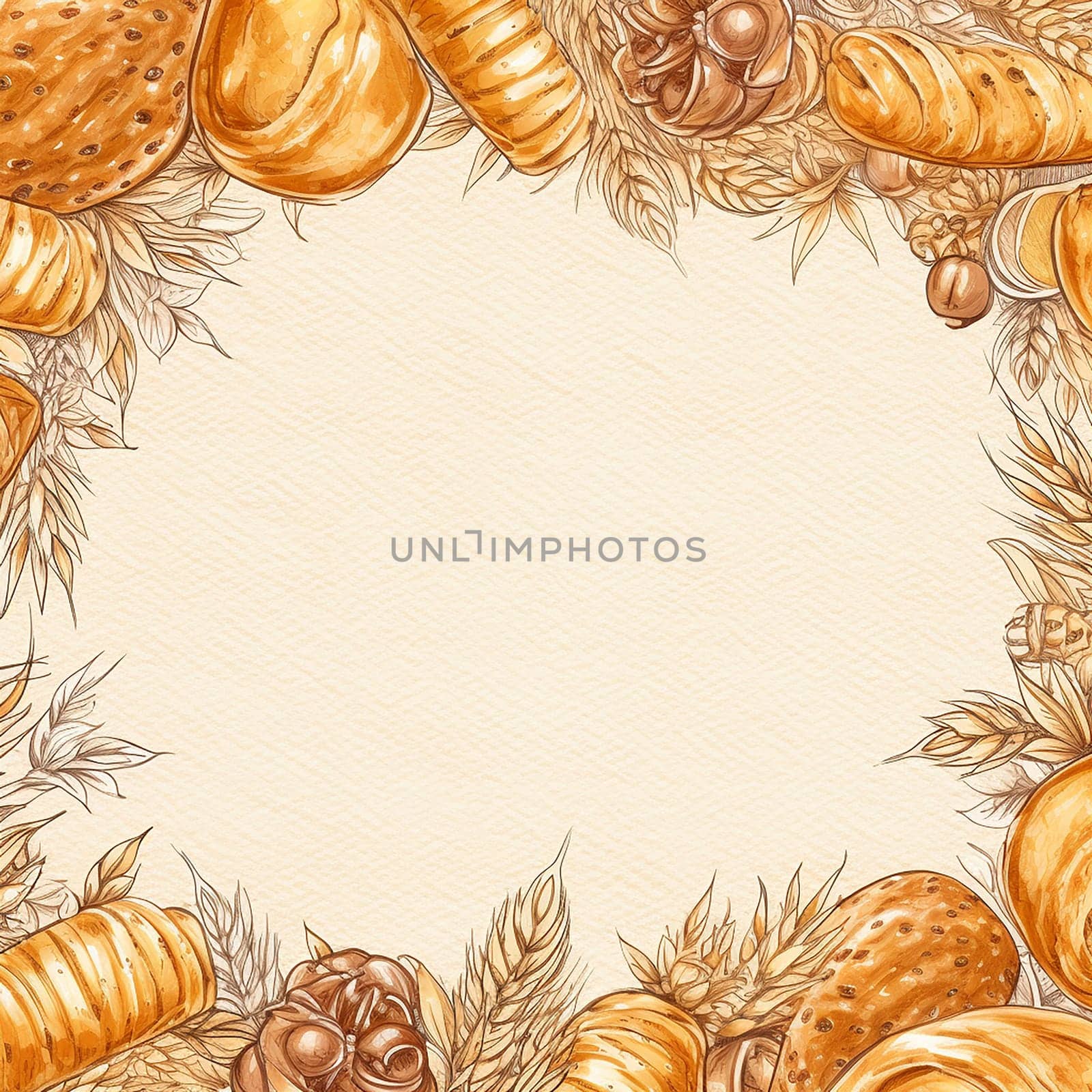 Illustration of various bread types and wheat forming a frame.