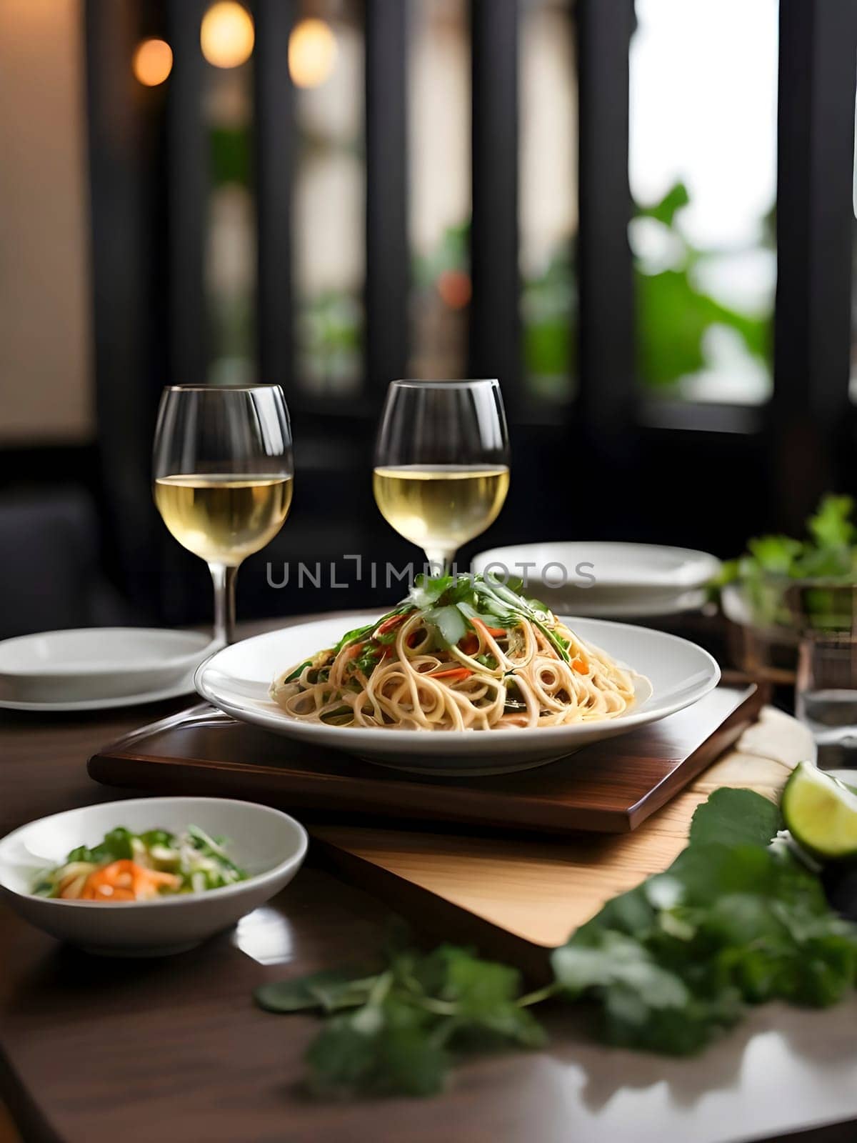 Dining Elegance. Thai Pad Noodles, White Wine, and Impeccable Service in High-Resolution.