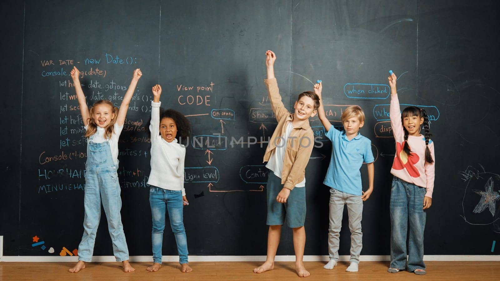 Diverse student raised hands up while standing at blackboard written with engineering prompt or coding, programing system code. Showing comment, asking questions, volunteering, voting. Erudition.