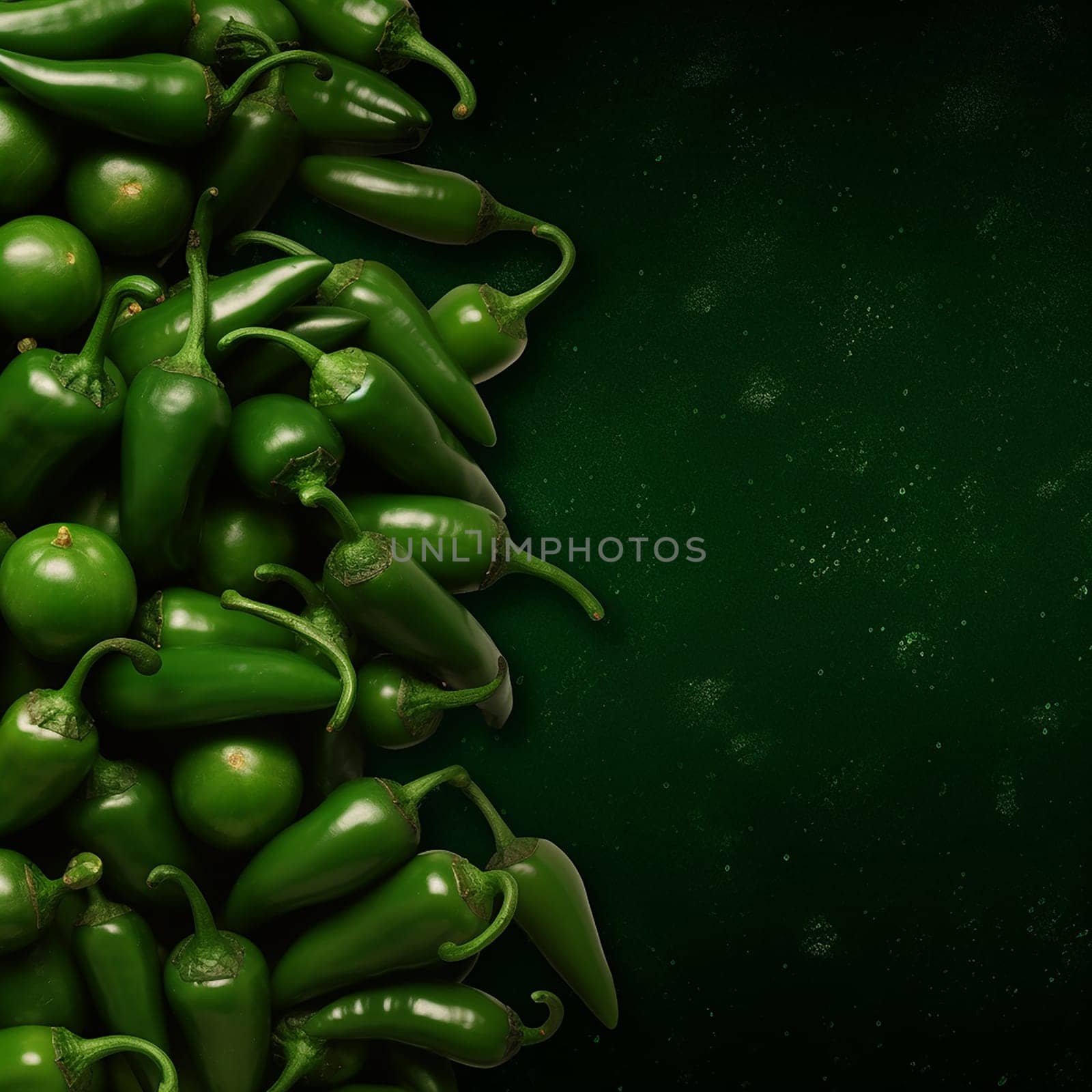 A pile of fresh green jalapeno peppers on a dark background.