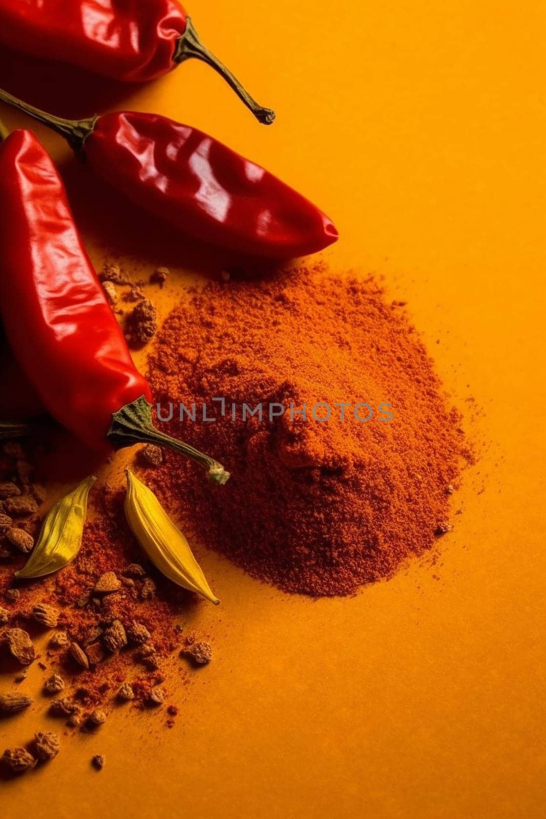 Red chili peppers and powder on a vibrant orange background. by Hype2art