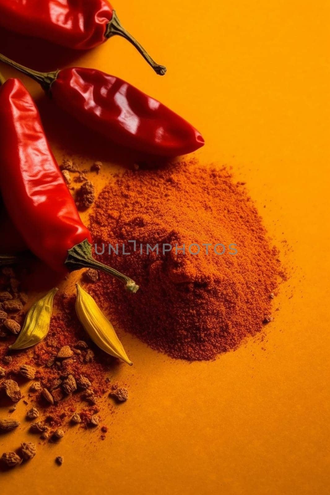 Red chili peppers and powder on a vibrant orange background.