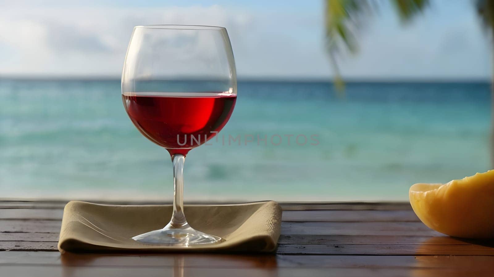 A glass of red wine sits on a beige cloth napkin on a wooden table. The wine is dark red and the glass is half full. The table is in front of a blue-green ocean with white waves crashing on the shore. The sky