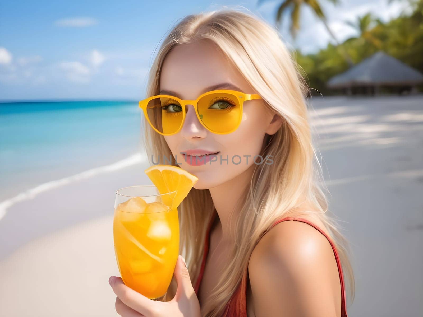 A happy woman is enjoying a glass of orange juice on the beach, gazing at the azure sky and water through her sunglasses.