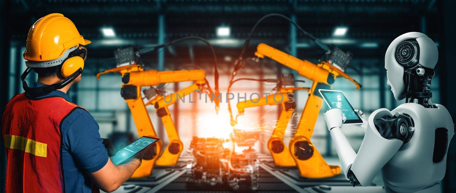 XAI Mechanized industry robot and human worker working together in future factory by biancoblue