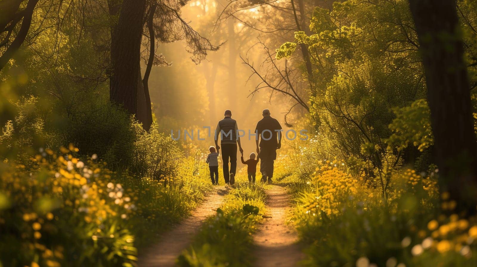 A woman and child stroll through a forest, hand in hand, amidst trees, plants, and natural woodland landscape. AIG41